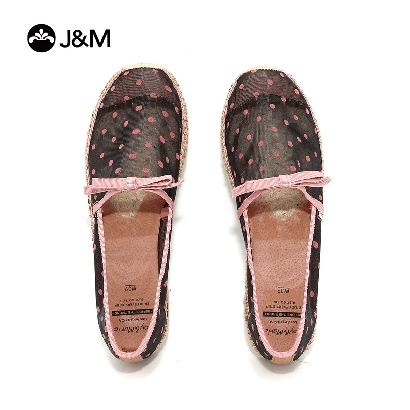 

J&M Women Espadrilles Ballet Flats Slip-on Shoes Casual Mesh Breathable Sneakers Dot Pink Zapatillas Mujer Sapatos Rubber Hemp