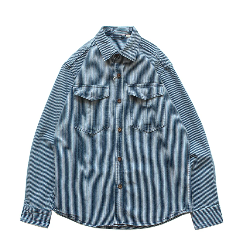 

Retro Vertical Striped Denim Men Shirts Heavyweight Thicken Washed Cotton Jeans Tops Spring Casual Long Sleeve Workwear Jackets