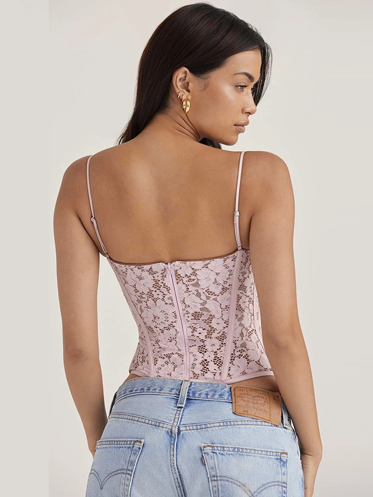 

Chic And Elegant Crochet Lace Pink Tops Women Sexy Chest Padded Camis Vest Streetwear Clothes Cute y2k Crop Corset Top
