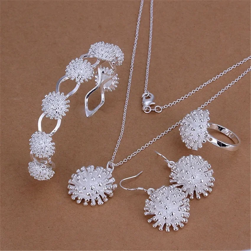 

New Silver 925 Plated Jewelry Set Fashion Exquisite Charm Fireworks Pendant Necklace Bangles Drop Earrings Ring S329