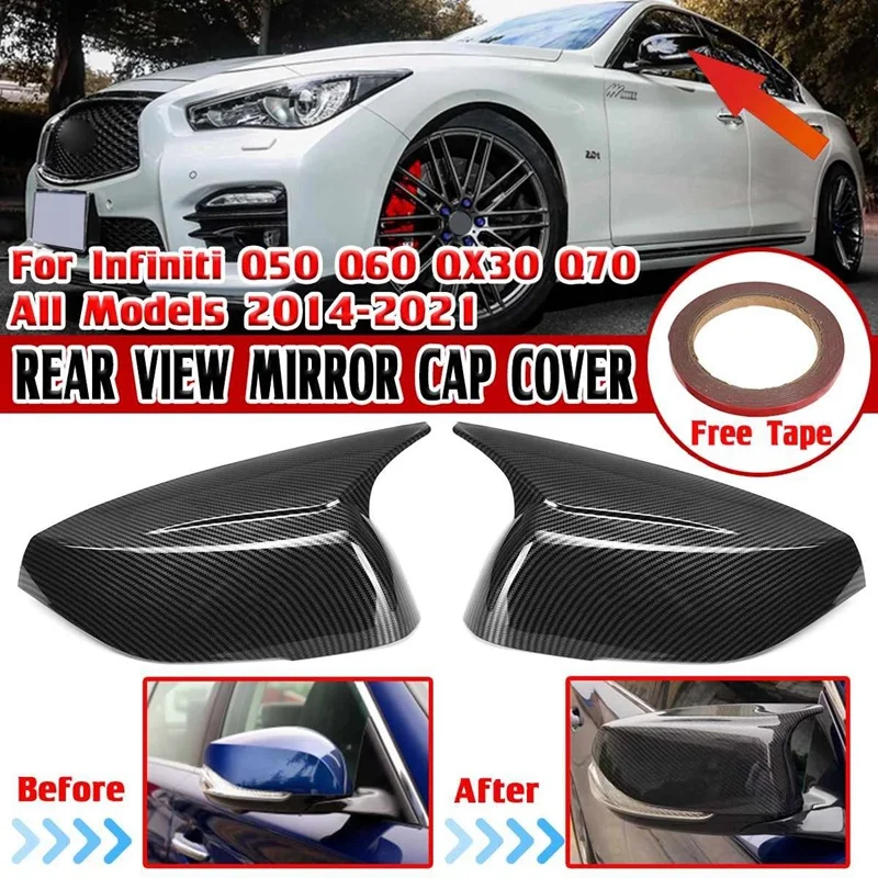 

M Style 2X Side Mirror Cover Cap Carbon Fiber Look Rear View Mirror Shell Case For Infiniti Q50 Q60 QX30 Q70 2014-2021