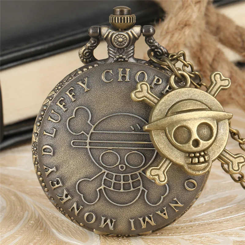 

Gothic Punk Pocket Watch Japan Anime Pirate Theme Men Women Retro Skull Watches Bronze Quartz Movement Sweater Chain Gift To Kid