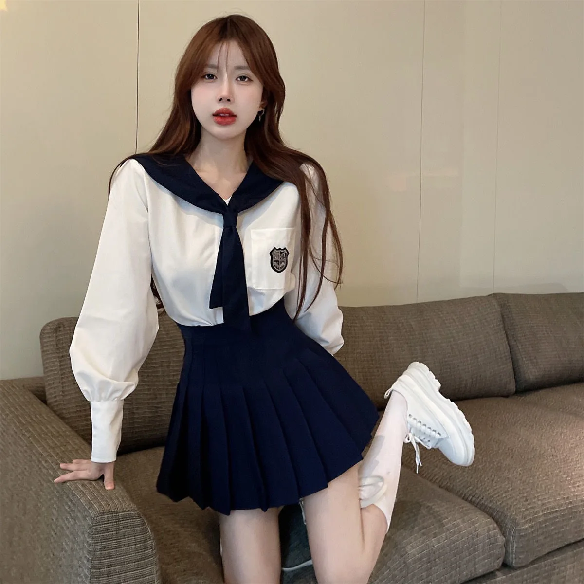 

Long Sleeved Lantern Sleeve Preppy Style Korean Uniform Set Women Navy Collar Sailor Suit Navy High Waisted Pleated Skirt JK Set