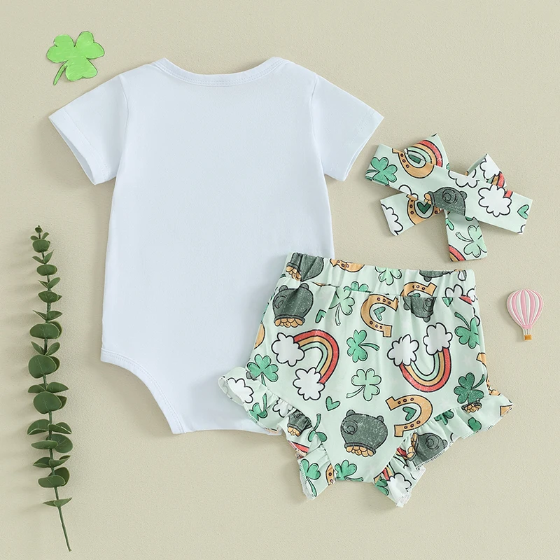 

St Patrick s Day Infant Baby Girls Shorts Set Short Sleeve Letters Print Romper Rainbow Clover Shorts Clothes
