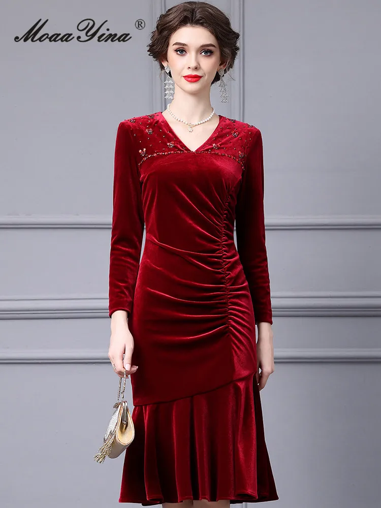 

Gedivoen Autumn Fashion Designer Wine Red Vintage Velvet Dress Women's V Neck Diamond Package Buttocks Slim Mermaid Long Dress