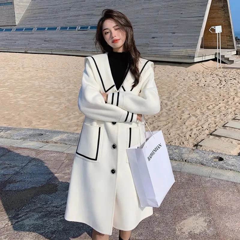 

2023 Winter White Blends Women Sailor Collar Sweet Girls Ladies Overcoats Female Korean Elegant thick Woolen Coats