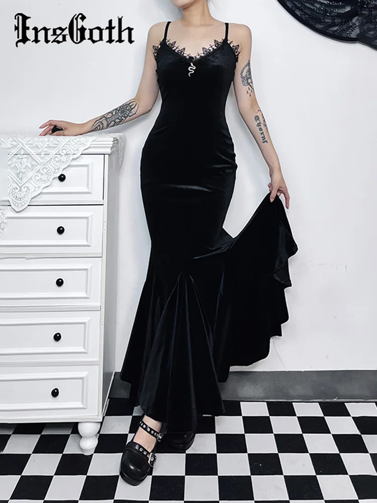 

InsGoth Gothic Mermaid Fishtail Maxi Dress Womens Sexy V Neck Ruched Bodycon Backless Midi Cocktail Dress Wedding Guest Dresses