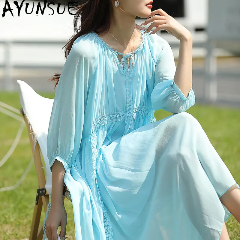 Fashion Blue Dress Casual 100% Mulberry Silk Clothing Female Summer Dress Women 2023 Elegant and Pretty Women's Dresses Vestidos
Fashion Blue Dress Casual 100% Mulberry Silk Clothing Female Summer Dress Women 2023 Elegant and Pretty Women's Dresses Vestidos