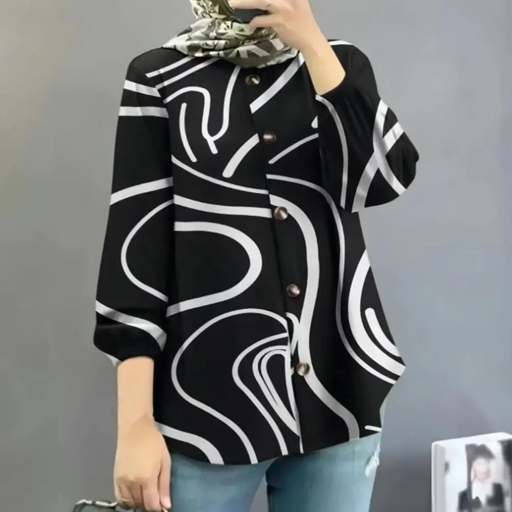 

Women Long Sleeve Shirt Geometric Pattern Retro Shirt For Women With Puff Sleeves Button Closure Loose Fit O-neck Top For Women