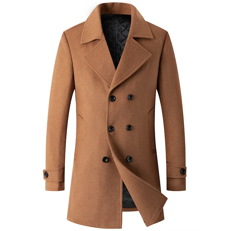 

Autumn Winter Mens Woolen Coat Fashion Double Breasted Long Brown Wool Jacket Business Office Wear Overcoat Male Plus Size XXL