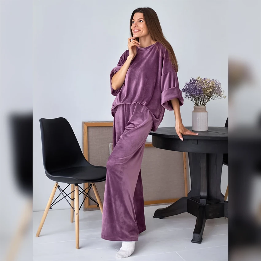 2023 Velvet Sleepwear Drop Sleeve Pajamas Sets For Women Solid Wide Legs Pants Trousers Suits Sets Womens Oufits Knit Nightwear
2023 Velvet Sleepwear Drop Sleeve Pajamas Sets For Women Solid Wide Legs Pants Trousers Suits Sets Womens Oufits Knit Nightwear