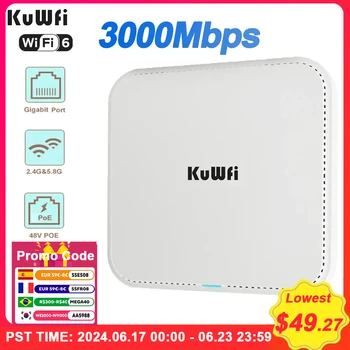 KuWfi 3000Mbps 천장 무선 AP 라우터, 듀얼 밴드 와이파이 Wifi6 라우터 액세스 포인트, 기가비트 WAN LAN 포트 지지대 48V POE, 2.4G 5G