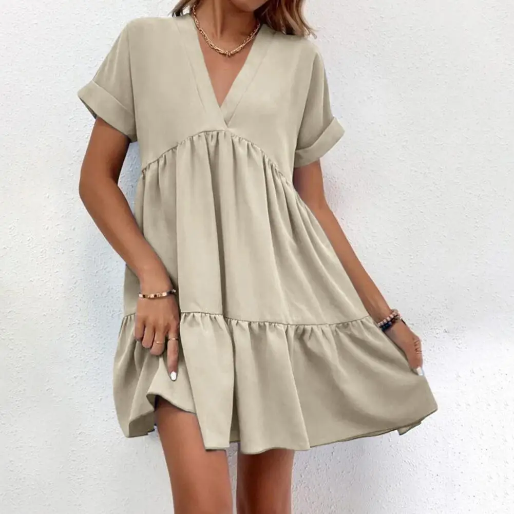 

Beach Mini Dress Stylish V Neck Summer Dress with Short Sleeves A-line Silhouette for Women Loose Fit Patchwork Hem for Dating