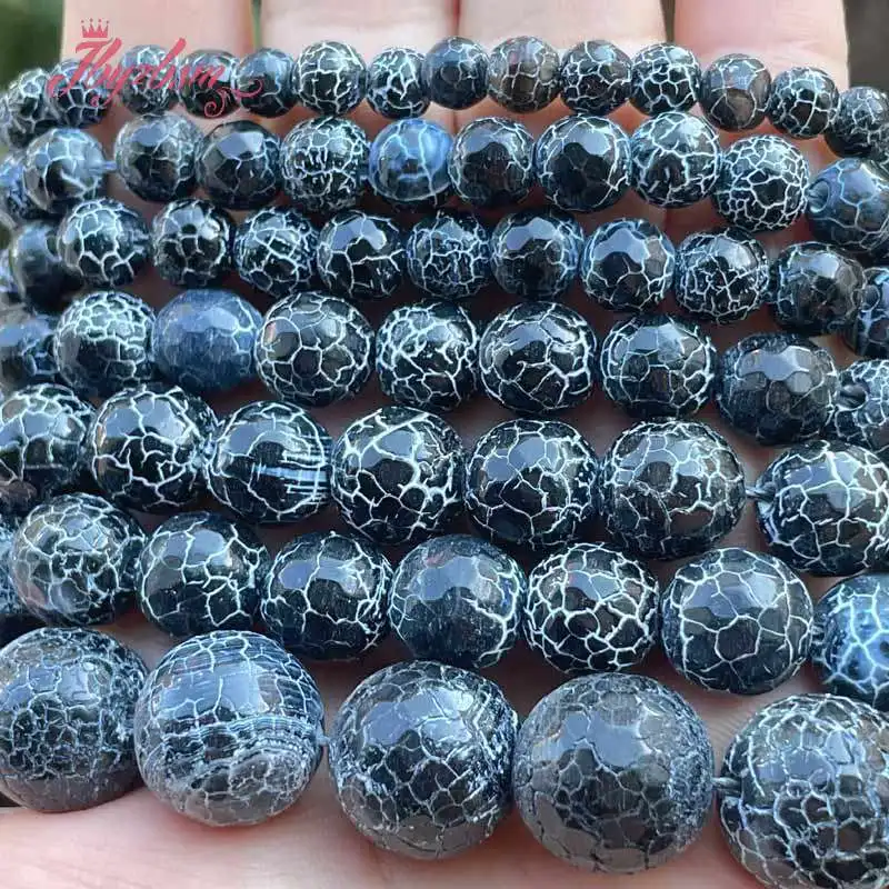 

6/8/10mm Round Faceted Black Cracked Agate Stone Beads for DIY Charm Bracelet Necklace Jewelry Making Strand 15"Free Shipping