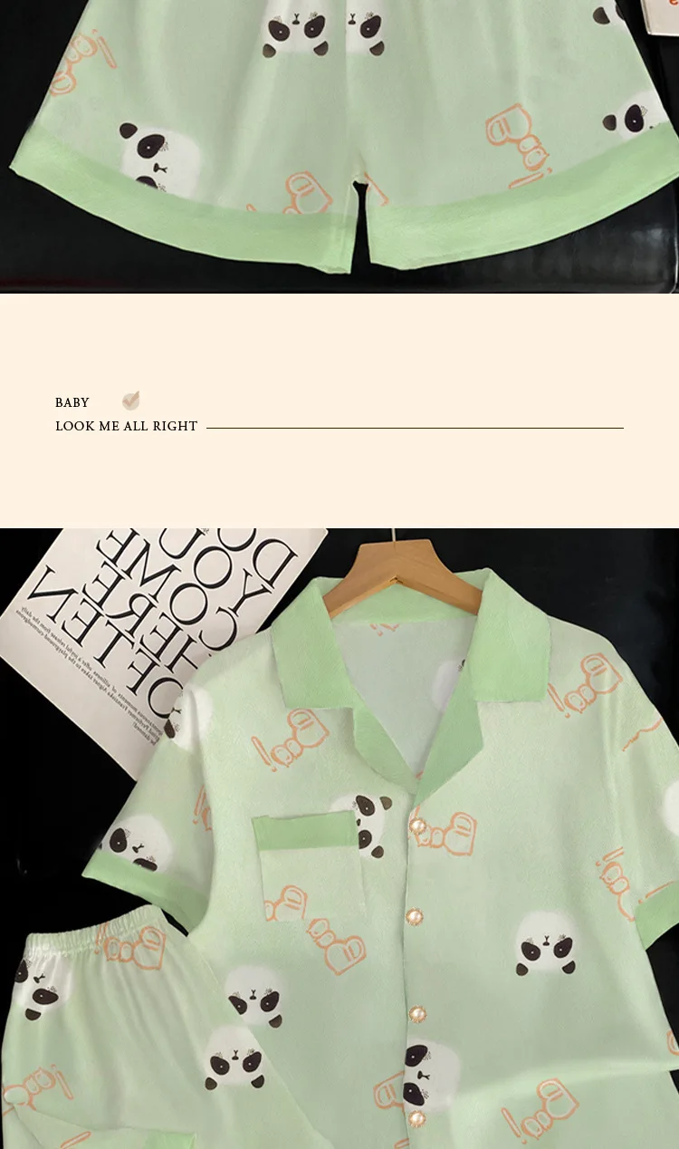 Summer Women's Ice Silk Fashion New Cartoon Pajamas Homewear Set Girls Color Collision Lapel Short-Sleeved Casual Homewear Set 34 S7fbe5a6ab670453f9777a0b2776d85b0L