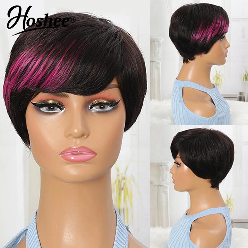 

Short Bob Pixie Cut Ombre Colored 99j Red Burgundy Honey Blonde Color Human Hair Wigs Glueless Wear And Go Full Machine Made Wig