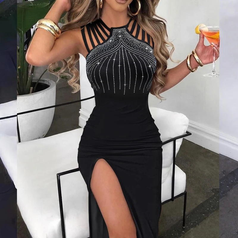Summer Straps Bodycon Y2k Split Long Dress Female Casual Night Club Party Dress Fashion Sleeveless Sexy Dress with Diamond 25269
Summer Straps Bodycon Y2k Split Long Dress Female Casual Night Club Party Dress Fashion Sleeveless Sexy Dress with Diamond 25269