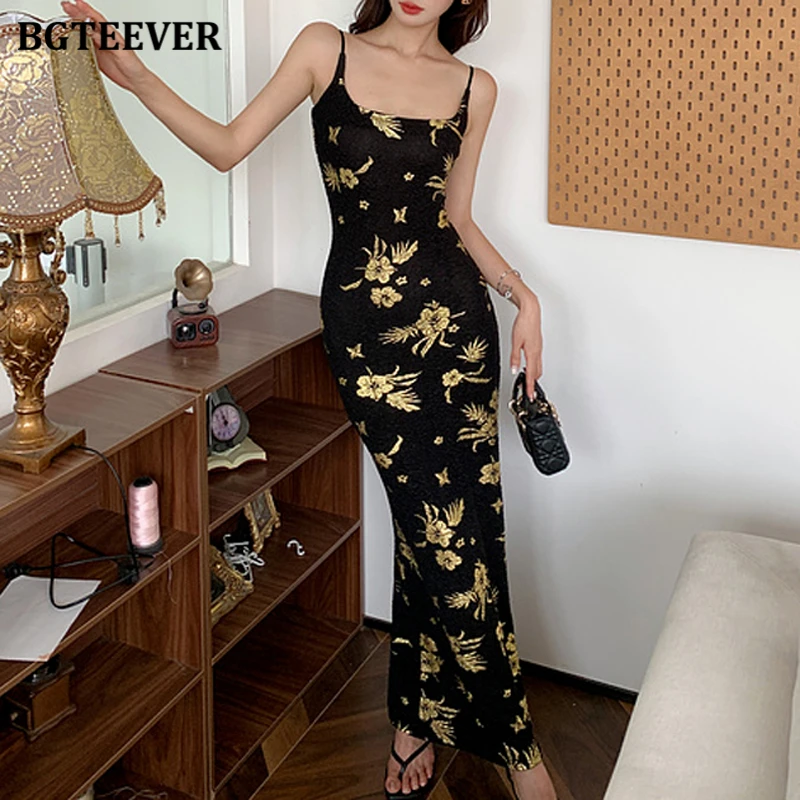 

BGTEEVER Elegant Slim Waist Female Sleeveless Printed Bodycon Dress Summer Fashion Women Spaghetti Strap Package Hip Dress