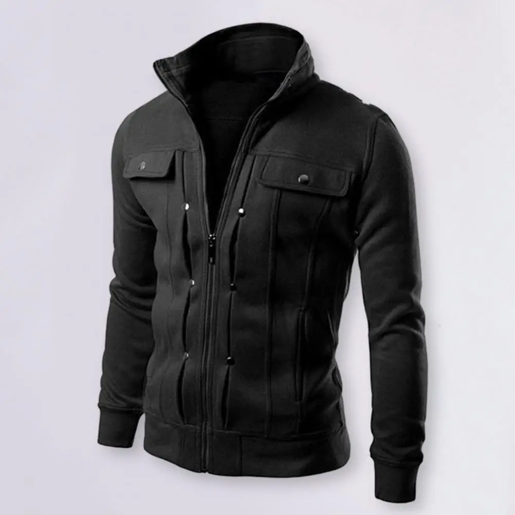 

Stand Collar Men Coat Stylish Men's Spring Autumn Jacket Buttoned Zipper Closure Solid Color Stand Collar Long Sleeve for Casual