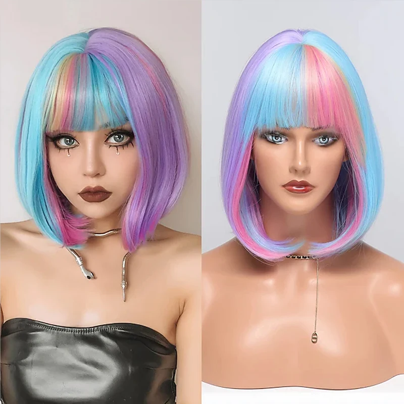 

HAIRJOY Synthetic Hair Short Straight Mixed Rainbow Color Wigs Purple Blue with Blonde Red Highlights Bob Wig for Women