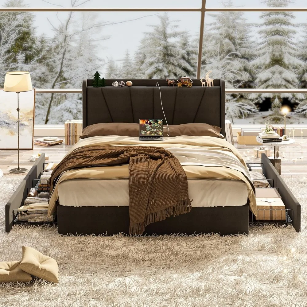 Bed Frame and Upholstered Headboard,Platform Bed with Storage Drawers and Outlets,Sturdy,Noiseless,No Box Spring Needed
Bed Frame and Upholstered Headboard,Platform Bed with Storage Drawers and Outlets,Sturdy,Noiseless,No Box Spring Needed