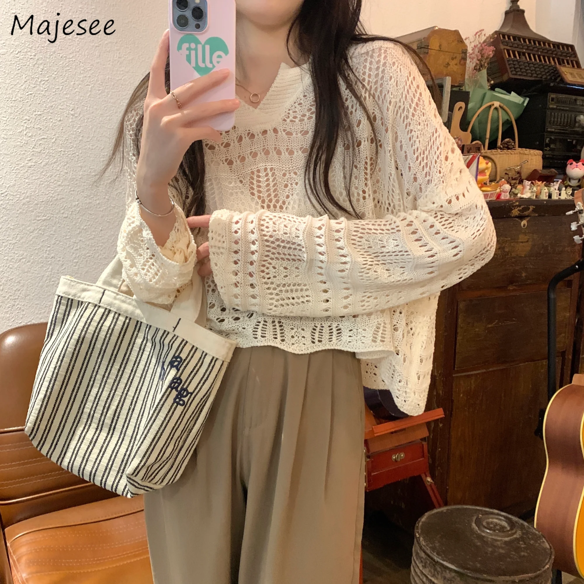 

Hollow Out Knitwear Pullovers Women Thin New Chic Baggy Sun Protection Smock Laziness Cropped Vintage Ins Simple Fashion College