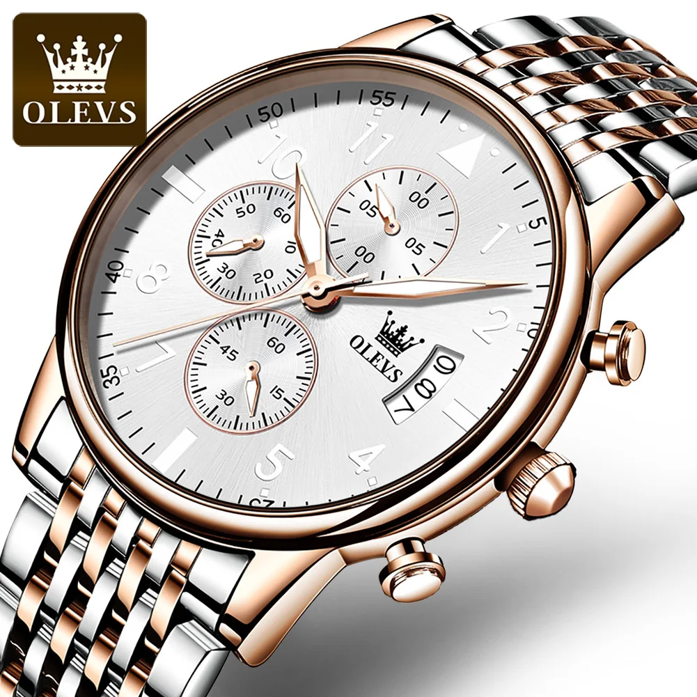 

OLEVS 2869 Fashion Quartz Watch Gift Stainless Steel Watchband Round-dial Chronograph Calendar Luminous Small second