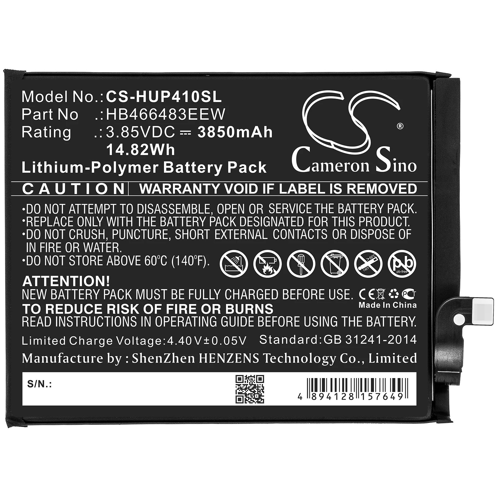 

Mobile phone battery for 3850mAh Type Li-Polymer Voltage 3.85V Rate 14.82Wh for 30 30S P40 Lite 5G Nova 7 SE 5G Honor 30S 5G CD