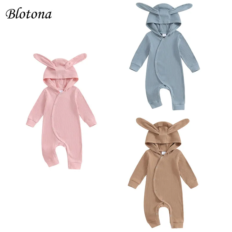 

Blotona Infant Baby Hooded Jumpsuit Bunny Ear Solid Color Ribbed Long Sleeve Romper Toddler Clothes for Spring Autumn 0-18Months