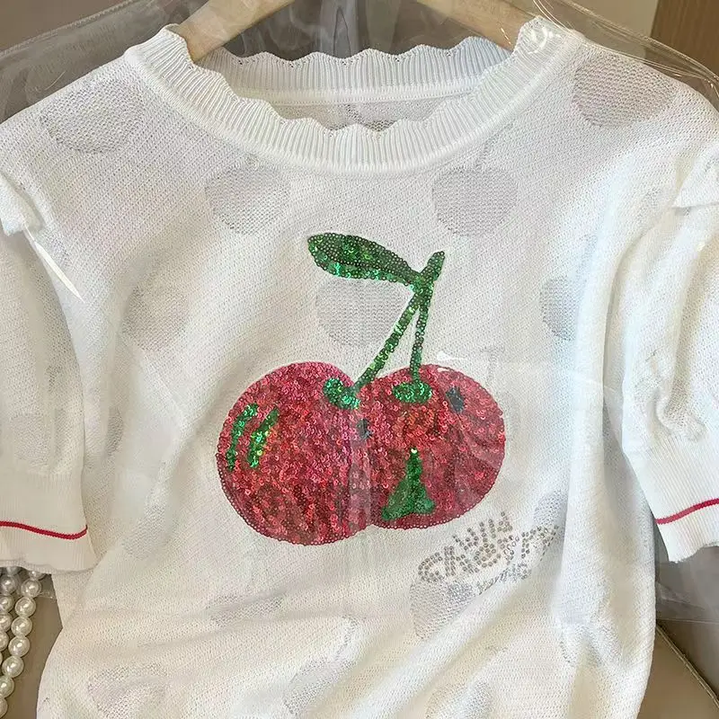 Fruit Cherry Embroidery Sequin Loose Knitted Sweater Women Short Sleeve Sexy Pullover Korean Fashion Thin Knitwear Summer Tshirt
Fruit Cherry Embroidery Sequin Loose Knitted Sweater Women Short Sleeve Sexy Pullover Korean Fashion Thin Knitwear Summer Tshirt