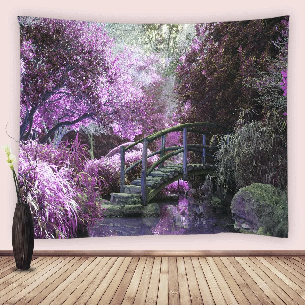 

Garden Lake Tapestry Natural Scenery Bridge Trees Flowers Wall Hanging Fabric Tapestries For Bedroom Living Room Dorm Home Decor