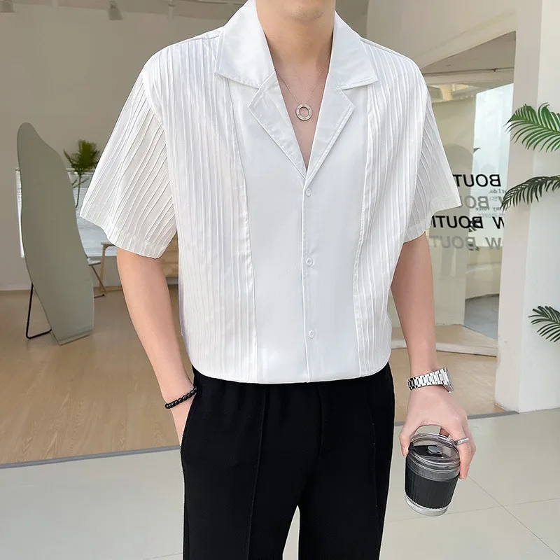 

Korean Contrasting Colors Splicing Shirt Men's 2024 Summer Short Sleeve Loose Casual V-neck Shirts Fashion Social Men Clothing