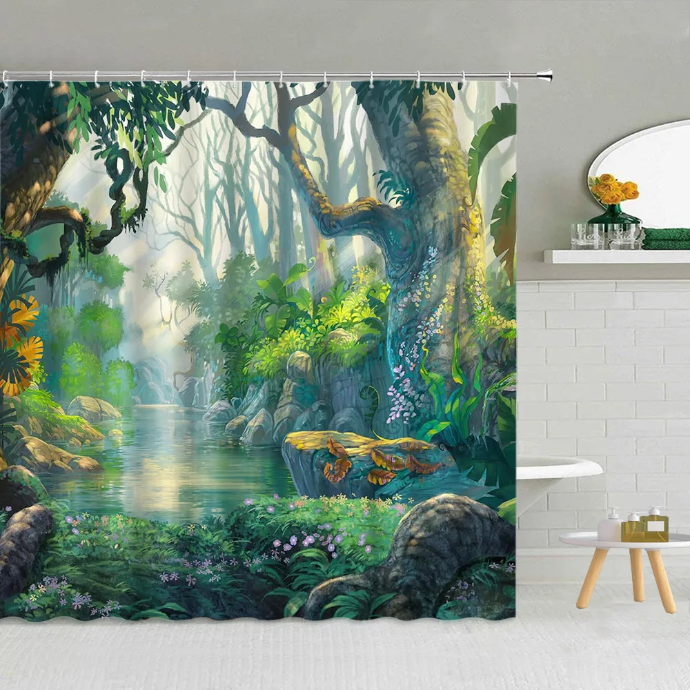 

Forest Shower Curtain, Rainforest Scenery Nature Landscape Trees Rivers Summer Lush Woods Bathroom Decoration