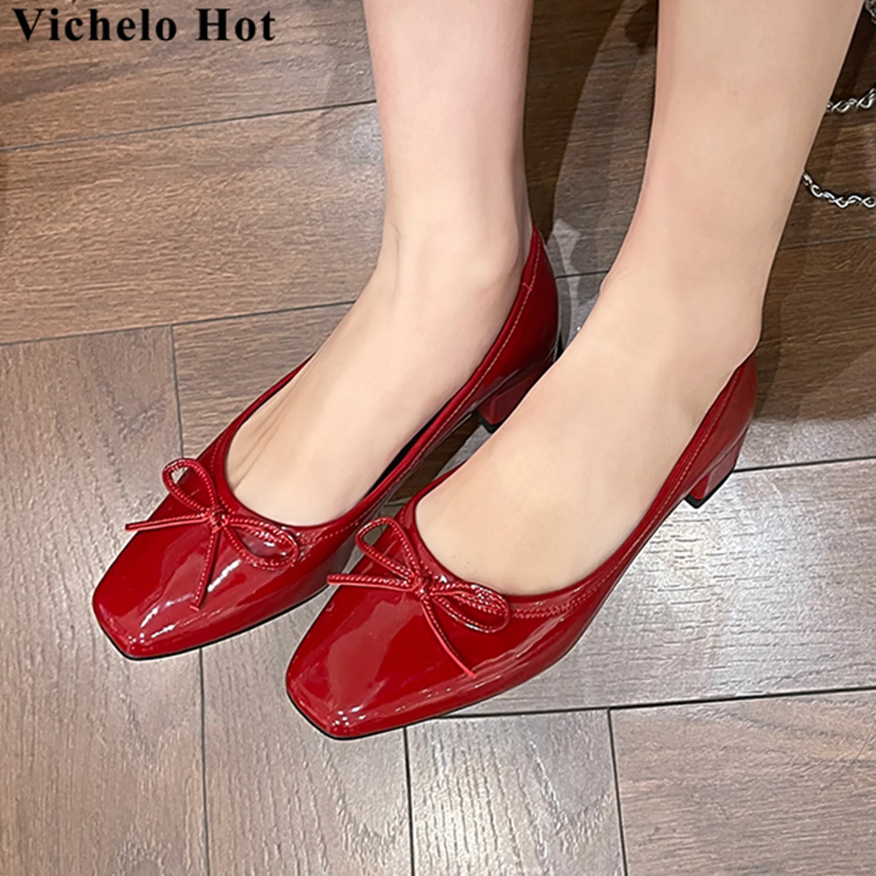 

Vichelo Hot Patent Leather Square Toe Shallow Chunky Med Heels Spring Autumn Shoes Slip On Butterfly-knot Wedding Women Pumps