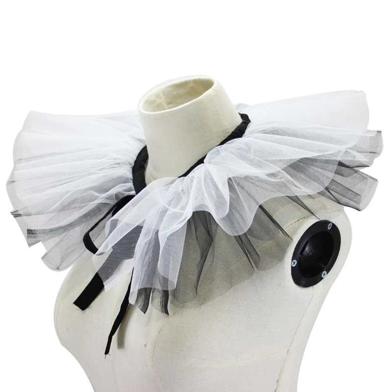 

Tulle Ruffled Fake Collar Layered Black White Mesh Clown Choker Ribbon Victorian Neck Ruff Cosplay Shawl