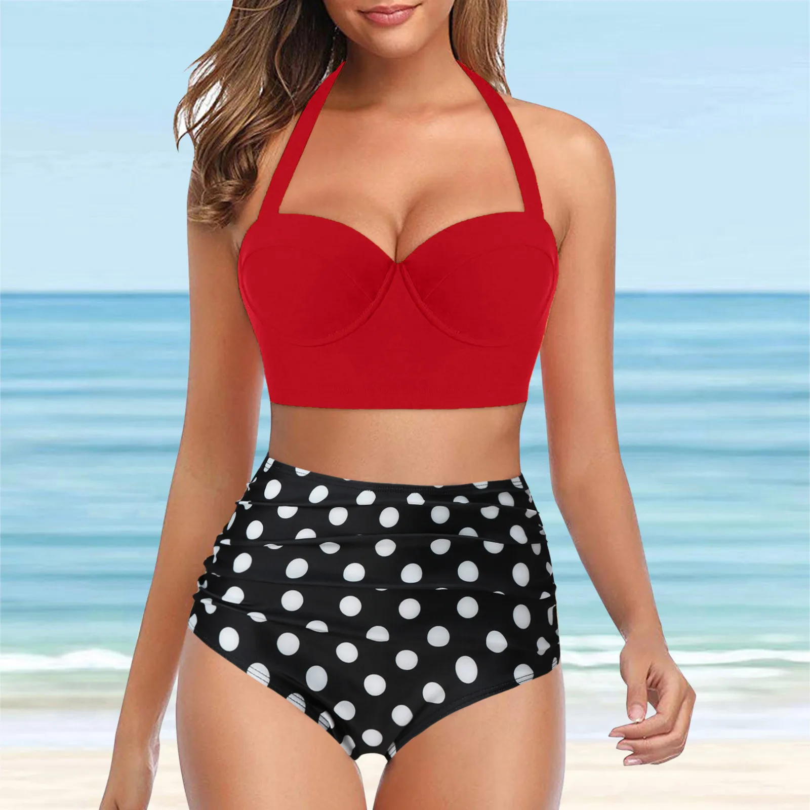 

Ladies Sexy 2pcs Bikini Swimwear Trendy Halter-Neck Bra Polka Dot Print Shorts Tankini Sets Swimsuit Hawaiian Beach Casual Wear