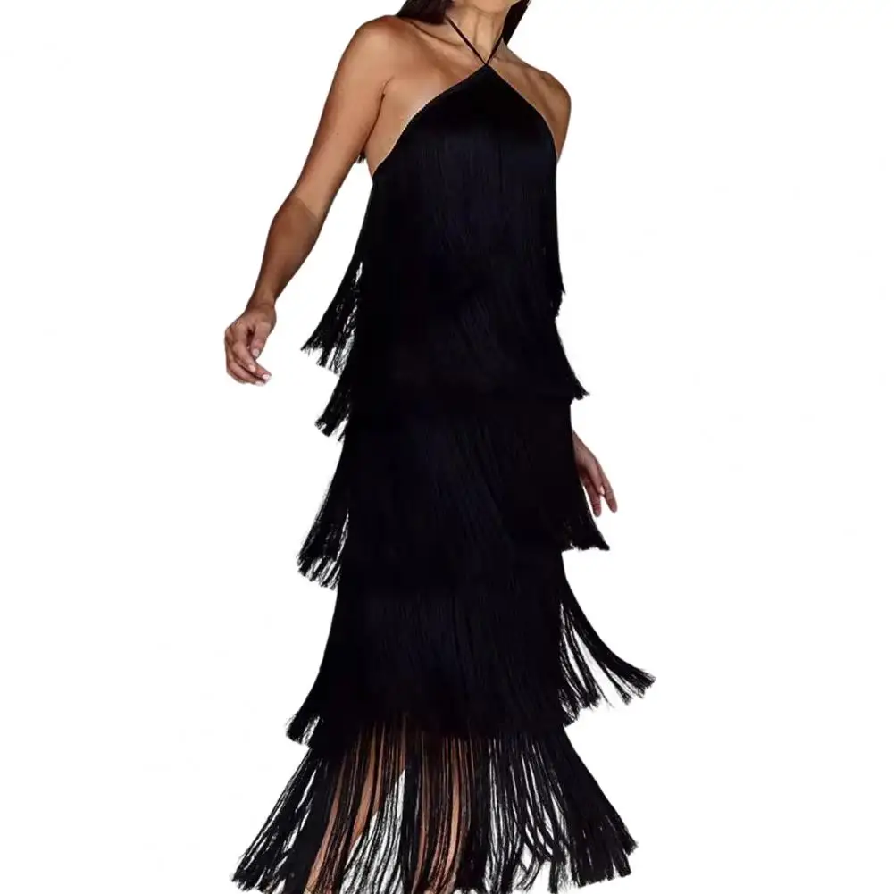 

Elegant Evening Party Women Dress Halter Neck Off Shoulder Fringe Multi-layered Cake Hem Split Dance Ball Maxi Dress Summer