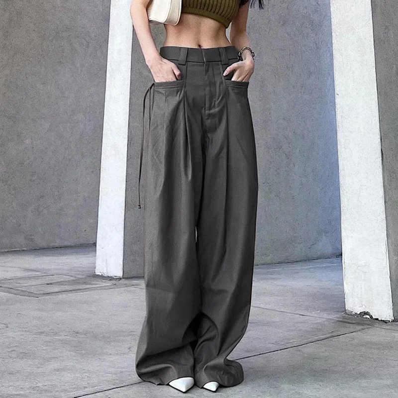 

Брюки Shirring Женские повседневные с широкими штанинами, базовые Свободные тренировочные штаны с завышенной талией в корейском ретро стиле, офисные серые