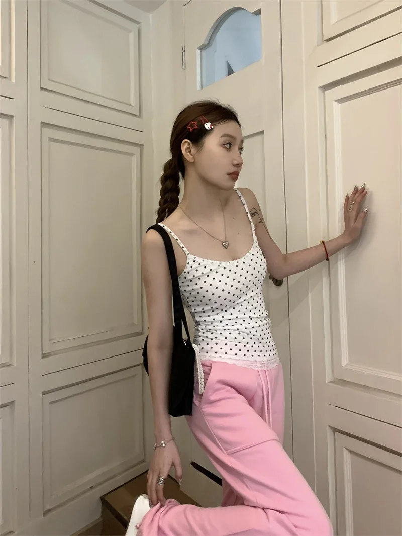 

Korean Fashion Versatile Dual Color Polka Dot Top for Women's Summer New Fake Two-piece Lace Pure Desire Camisole Female Clothes