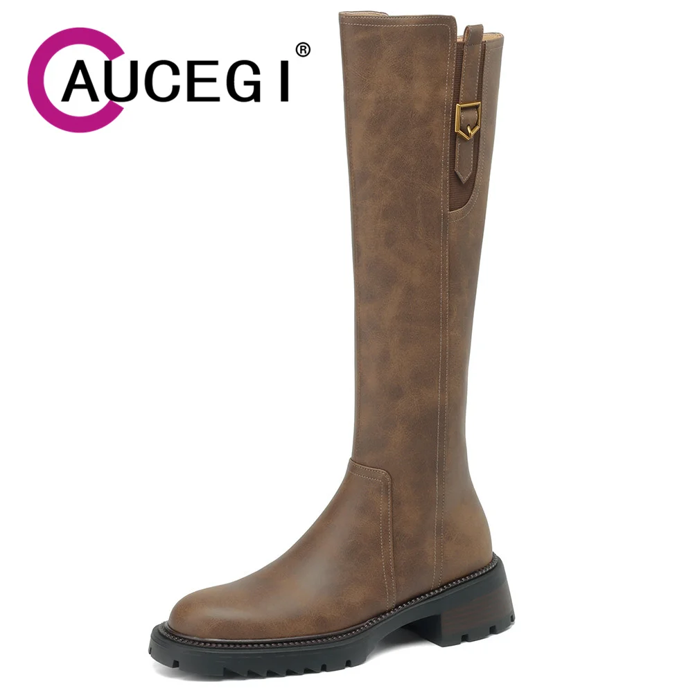 

Aucegi British Style Autumn Winter Thick Heel Knee High Boots Women Fashion Square Toe Quality Leather Banquet Daily Life Shoes