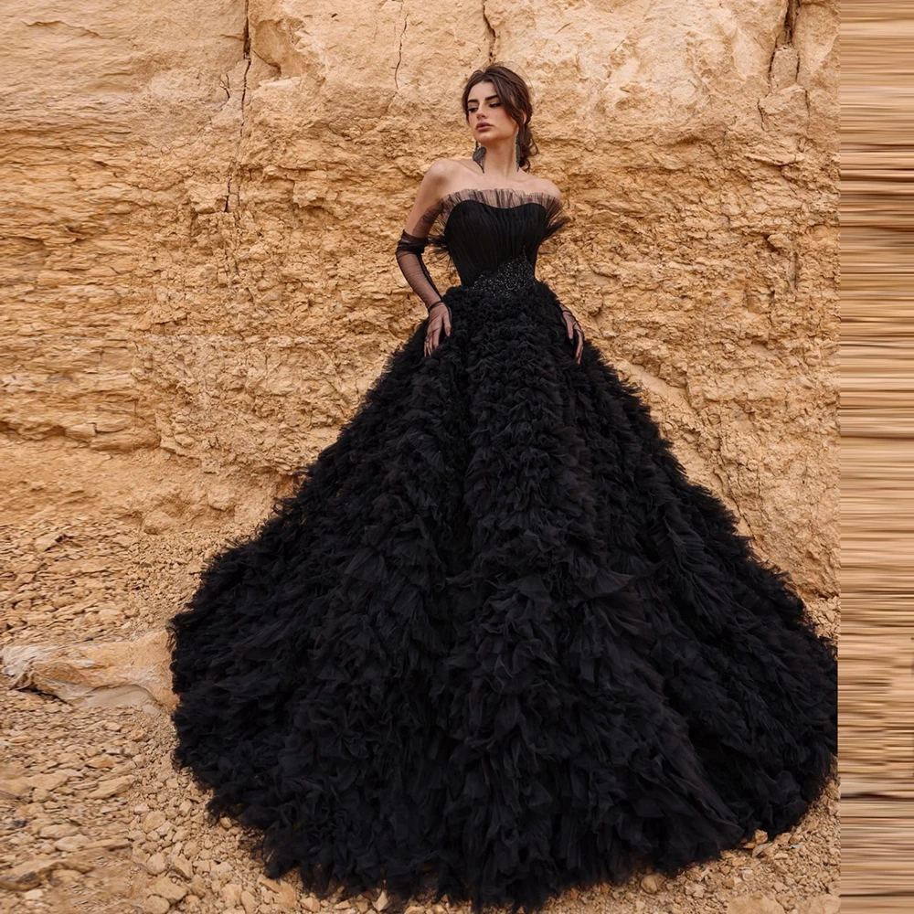 

Luxury Mesh Ruffles Evening Party Dress Elegant Strapless Appliques Tiered Tulle Dubai Pageant Dresses Very Puffy Prom Gowns