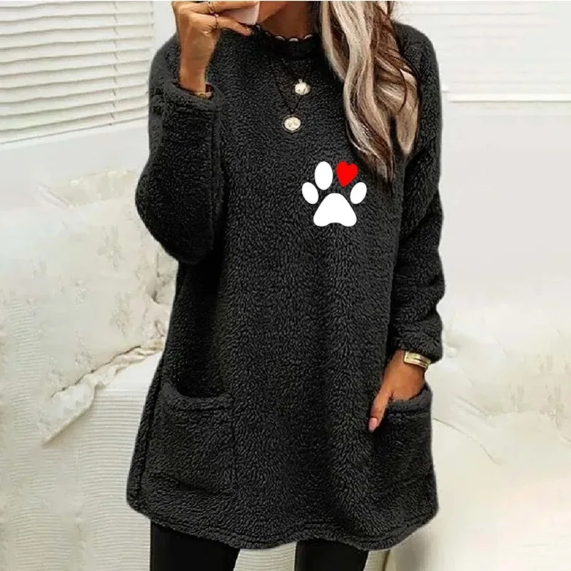 

Autumn and Winter Women's Pullover Round Neck Pocket Embroidery Print Contrast Flocking Long Sleeve Hoodies Casual Loose Tops