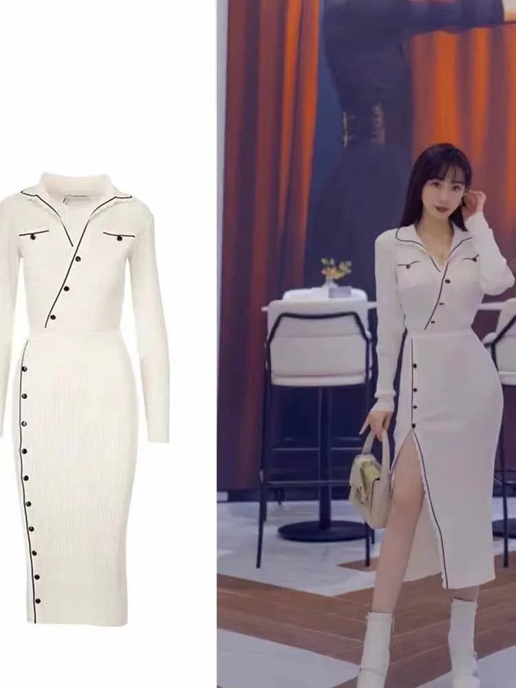 Women's Dress 2023 Early Autumn New POLO Neck Long Sleeve Slim Split Knit Long Robe
Women's Dress 2023 Early Autumn New POLO Neck Long Sleeve Slim Split Knit Long Robe