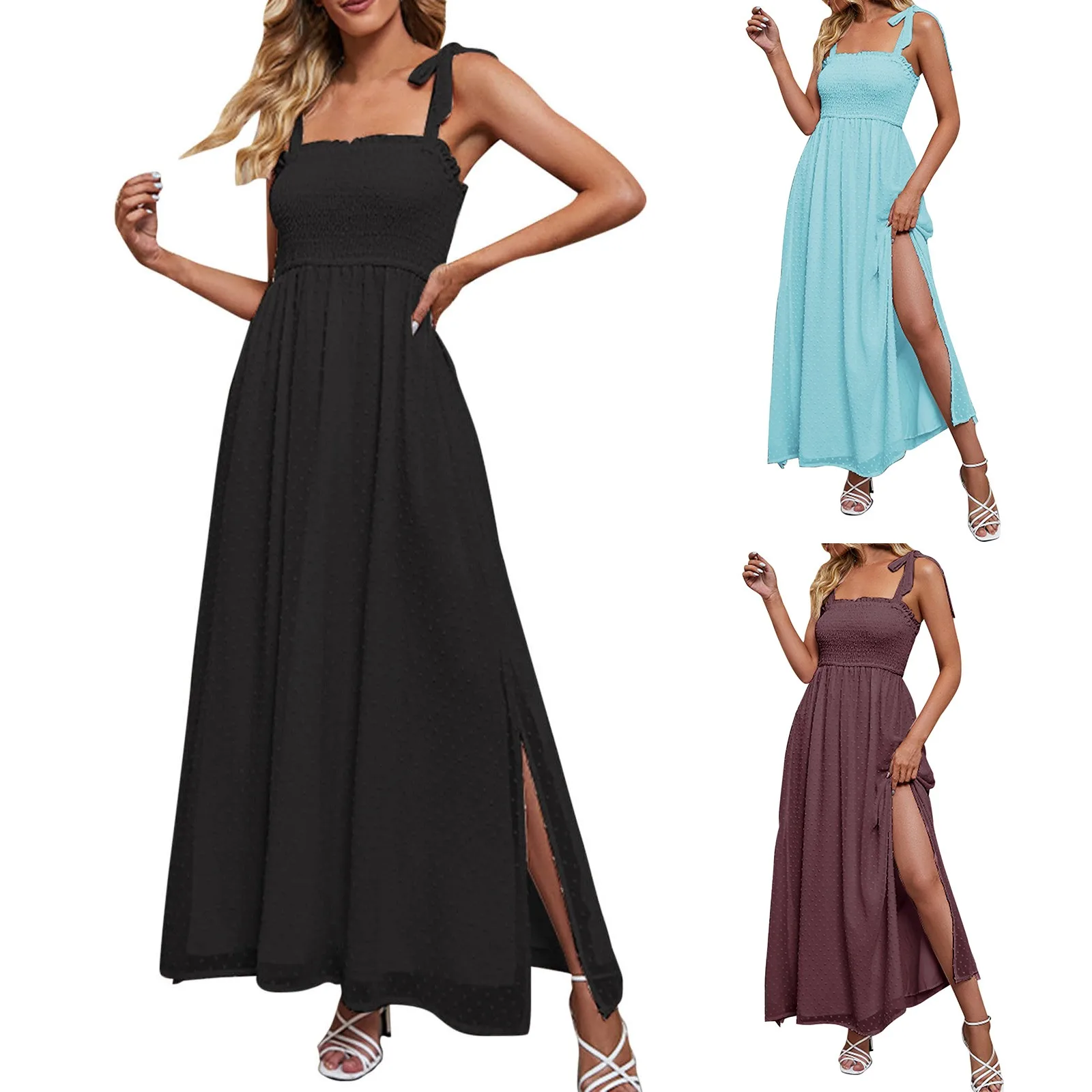 

Women's Casual Summer Boho Maxi Dresses 2023 Tie Straps Square Neck Solid Dot Smocked Long Sun Dress Streetwear Vestido