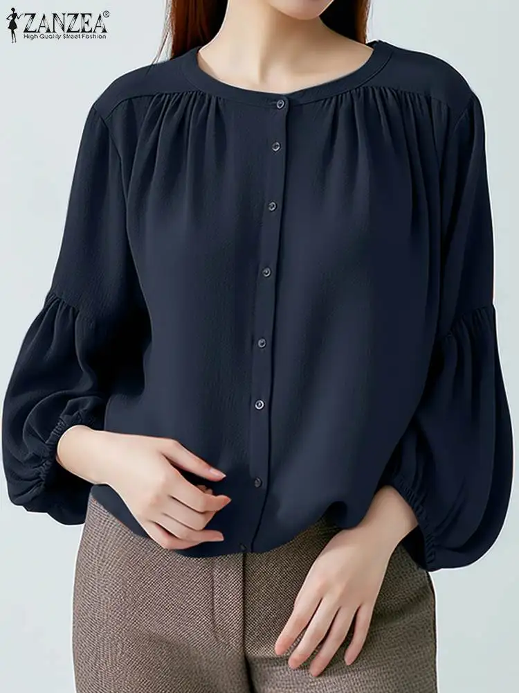 

ZANZEA Summer Elegant Work Blouse Vintage Solid Shirt Women O Neck 3/4 Sleeve Tunic Tops Buttons Down OL Blusas Casual Chemise