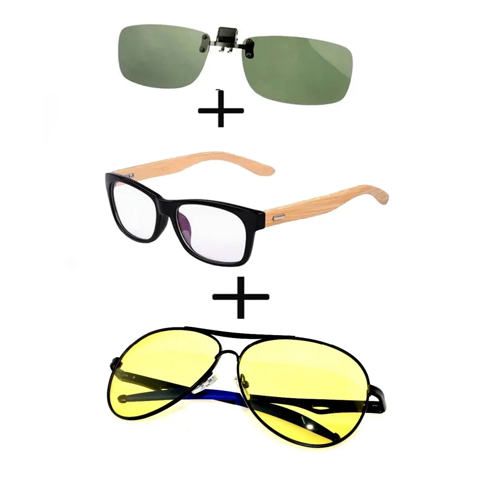 

3Pcs!!! Comfortable Wooden Squared Frame Reading Glasses Men Women + Pilot Polarized Sunglassesnight Vision + Sunglasses Clip