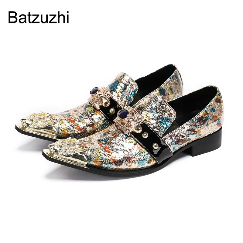 

Batzuzhi Italian Type Men's Shoes Pointed Metal Toe Blink Leather Dress Shoes Men Slip on Formal Business, Party, Wedding Shoes