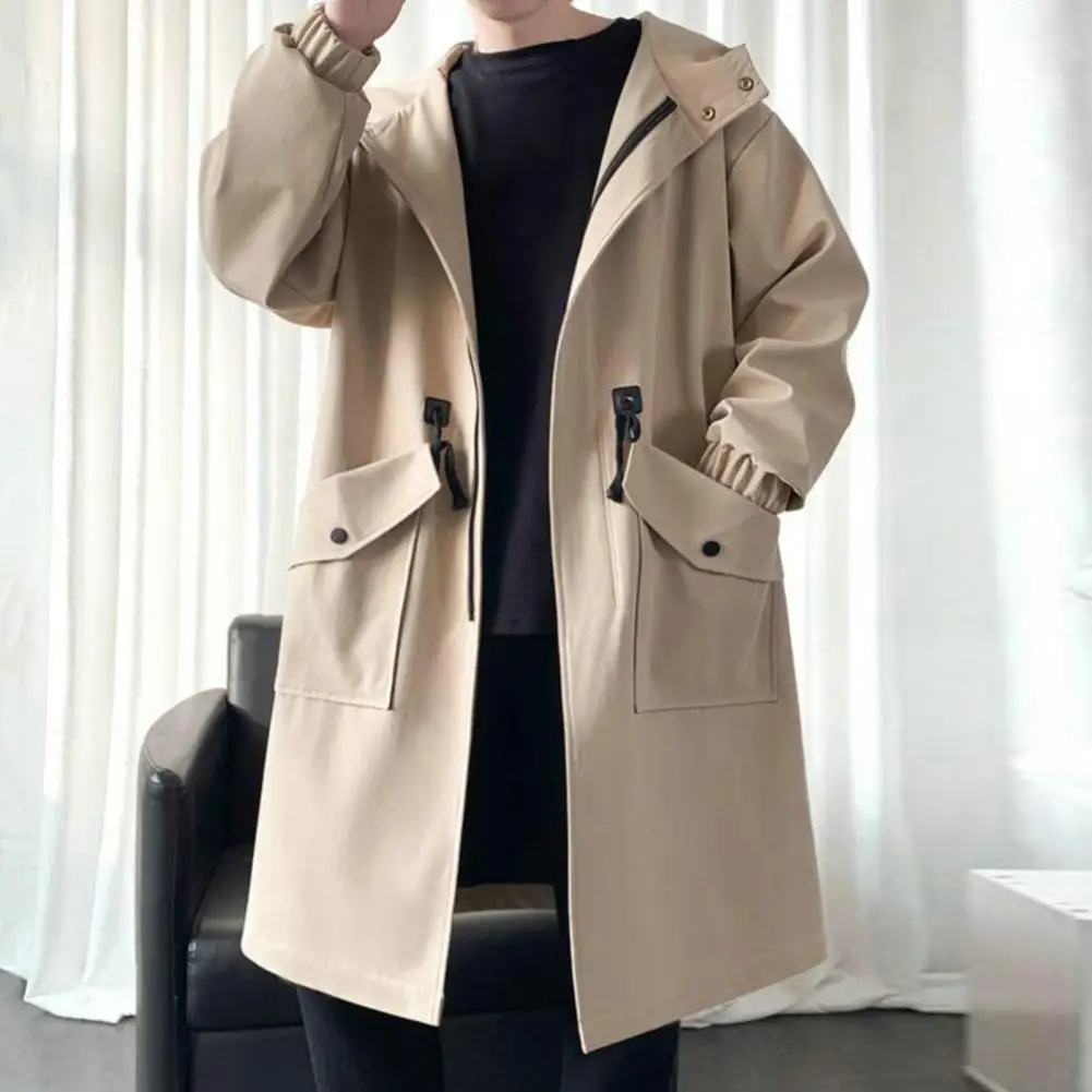 

Куртка мужская средней длины, Стильный тренчкот с капюшоном и большими карманами, ветрозащитный дизайн, однотонная куртка средней длины