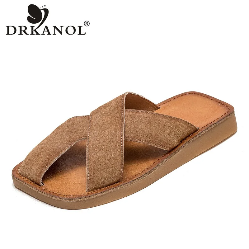 

DRKANOL 2024 Summer Women Flat Slippers Cross Cow Suede Leather Slip On Sandals Slippers Soft Comfort Outside Casual Flip Flop