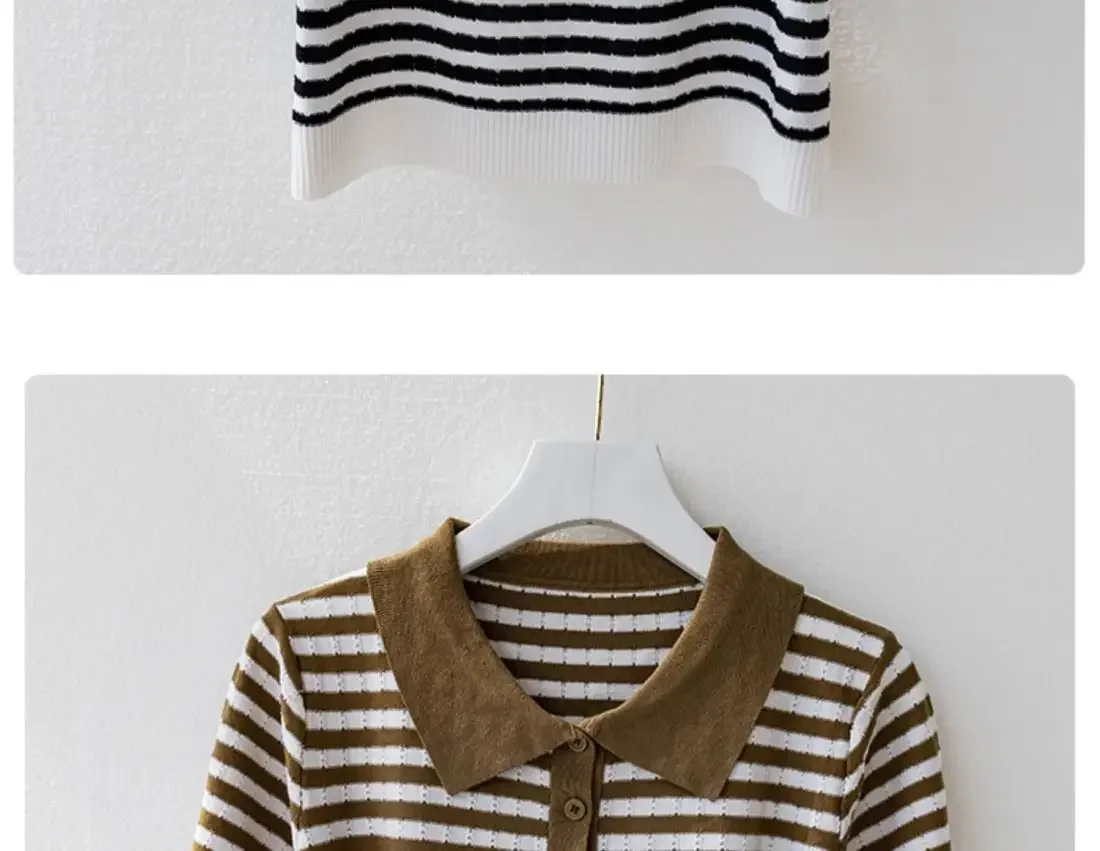 Fashion Women Short Sleeve Striped Knitted Polo Shirts Spring Summer All-match Tees Female Clothing New Pullover Bottoming Tops 39 S7fde2eb5e2344f7ba05fbb4f9f664059D